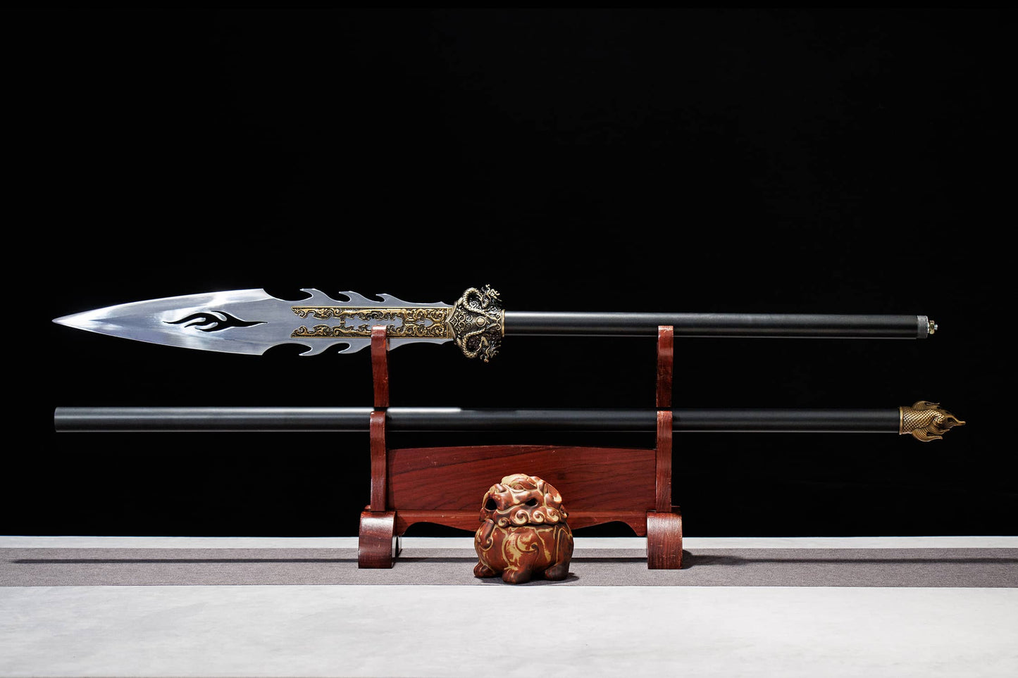 Flame Spear | Hand-Forged High Manganese Steel Chinese Polearm with Dragon Relief Fittings for Wushu & Display