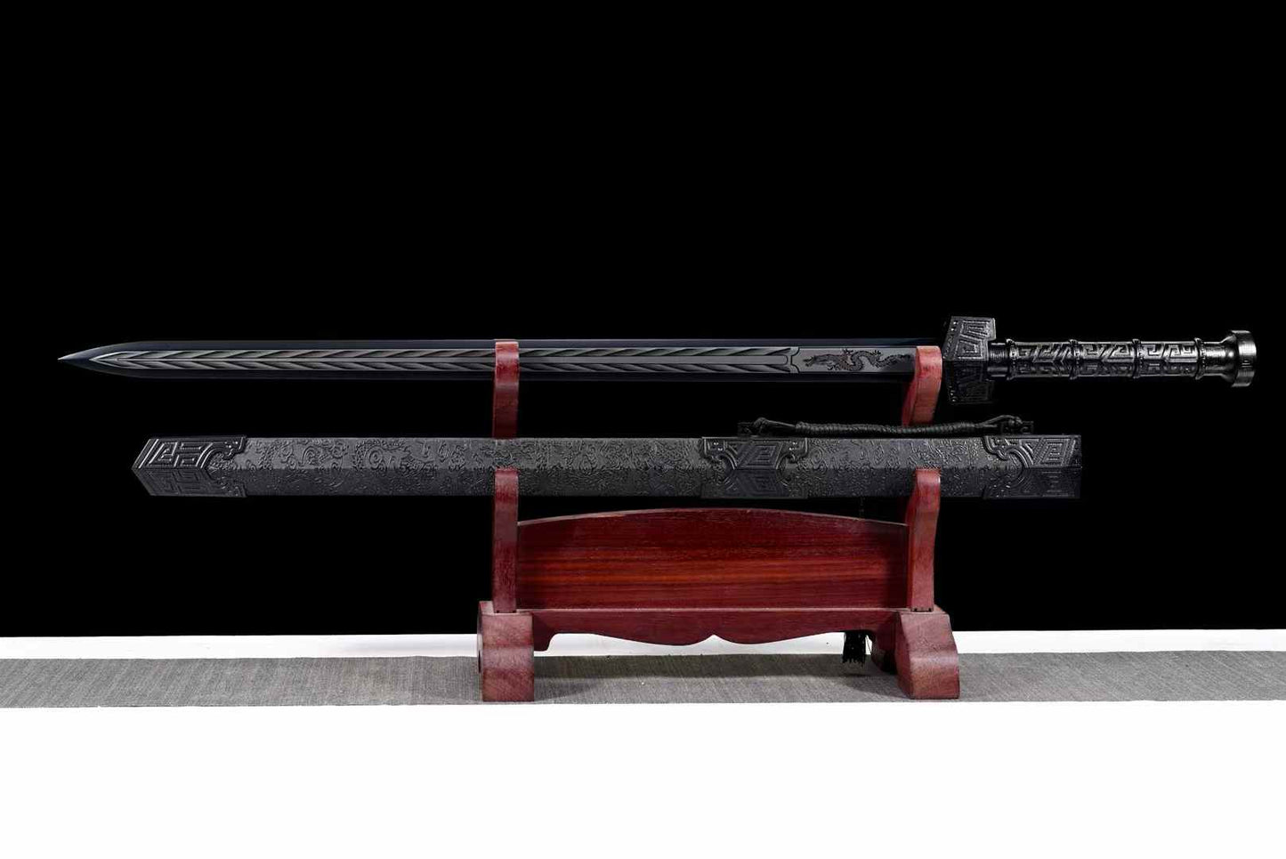 Black Qin Jian | Hand-Forged High Manganese Steel Chinese Sword with Blackened Blade & Leather-Wrapped Scabbard