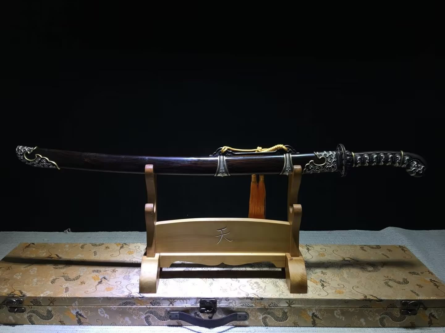 Premium Chinese Qing Dao Sword - Damascus Steel Blade, Ebony Scabbard, Brass Fittings
