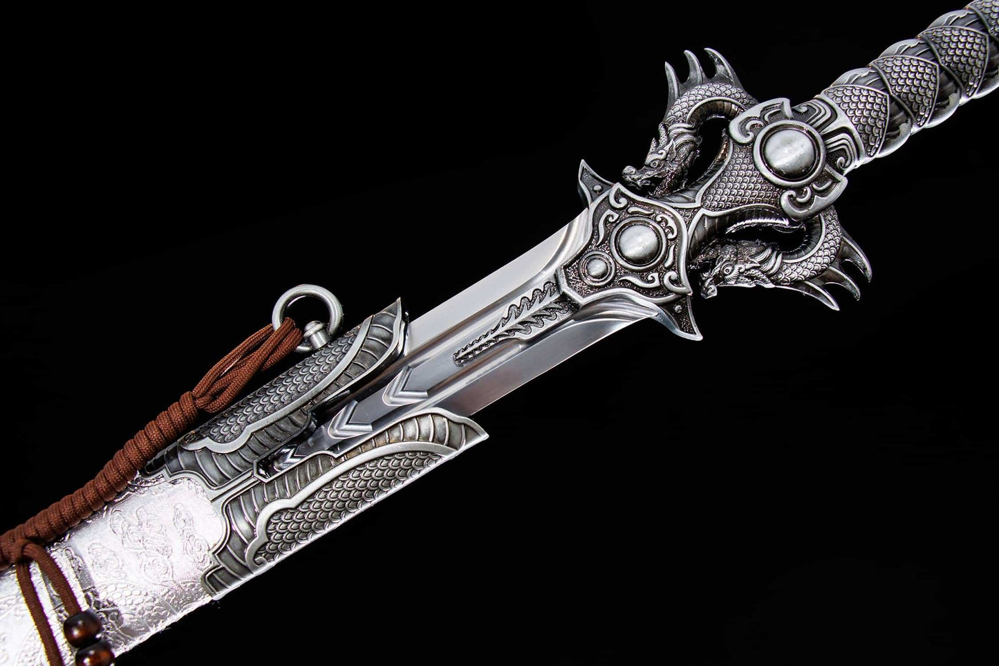 Double Dragon Jian | Hand-Forged High Manganese Steel Chinese Sword with Alloy Fittings & Silver Scabbard