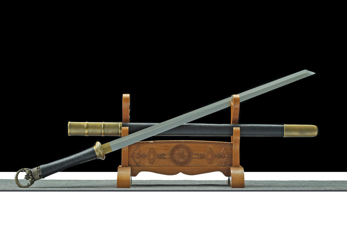 Ring-Pommel Tang Dao | Hand-Forged High Manganese Steel Huanshou Dao with PU Scabbard & Alloy Fittings