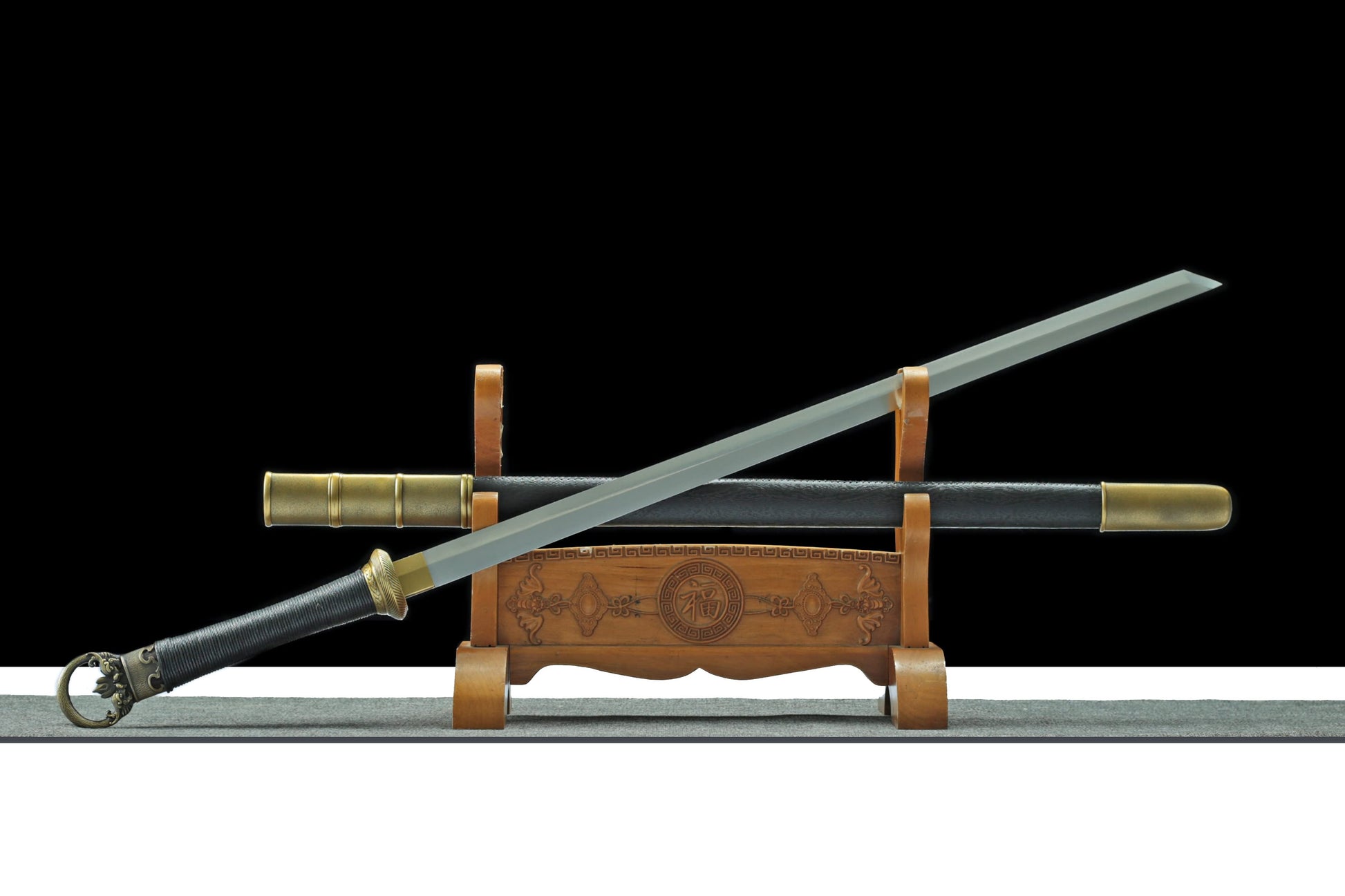 Ring-Pommel Tang Dao | Hand-Forged High Manganese Steel Huanshou Dao with PU Scabbard & Alloy Fittings