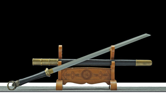 Ring-Pommel Tang Dao | Hand-Forged High Manganese Steel Huanshou Dao with PU Scabbard & Alloy Fittings