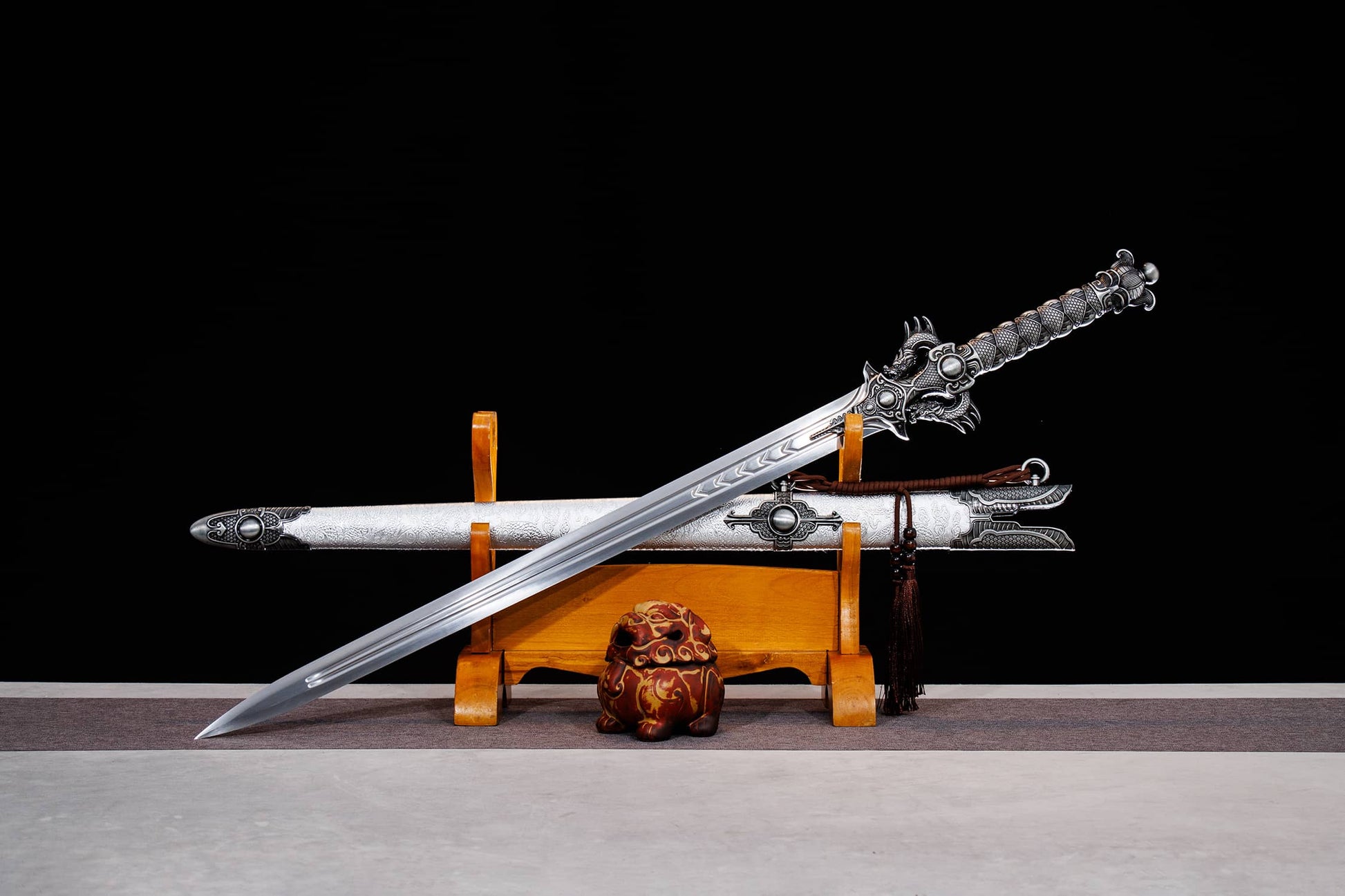Double Dragon Jian | Hand-Forged High Manganese Steel Chinese Sword with Alloy Fittings & Silver Scabbard