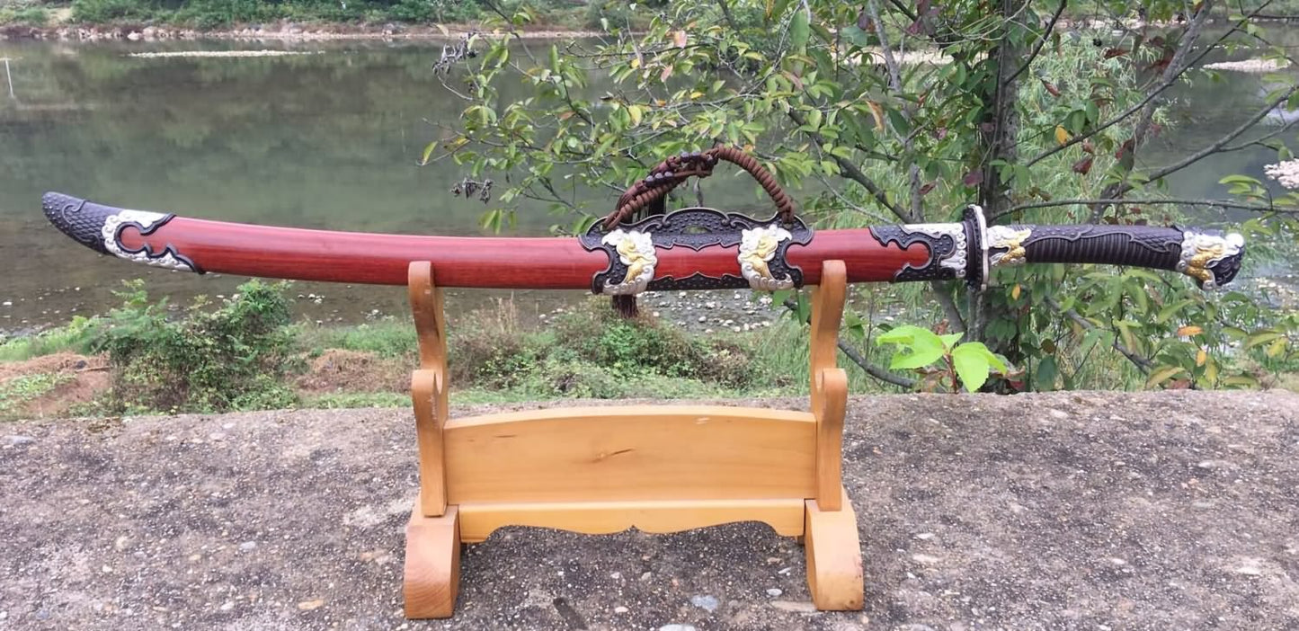 Crimson Dragon Qingdao | Hand-Forged Seven-Plate High-Carbon Steel Chinese Saber with Brass Fittings & Bloodwood Scabbard