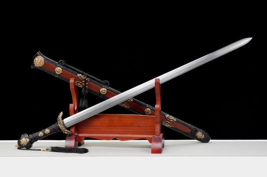 Hanwu Emperor Jian – Hand Forged Folded Pattern Steel Chinese Han Sword with Eight-Facet Blade and Black-Gold Fittings