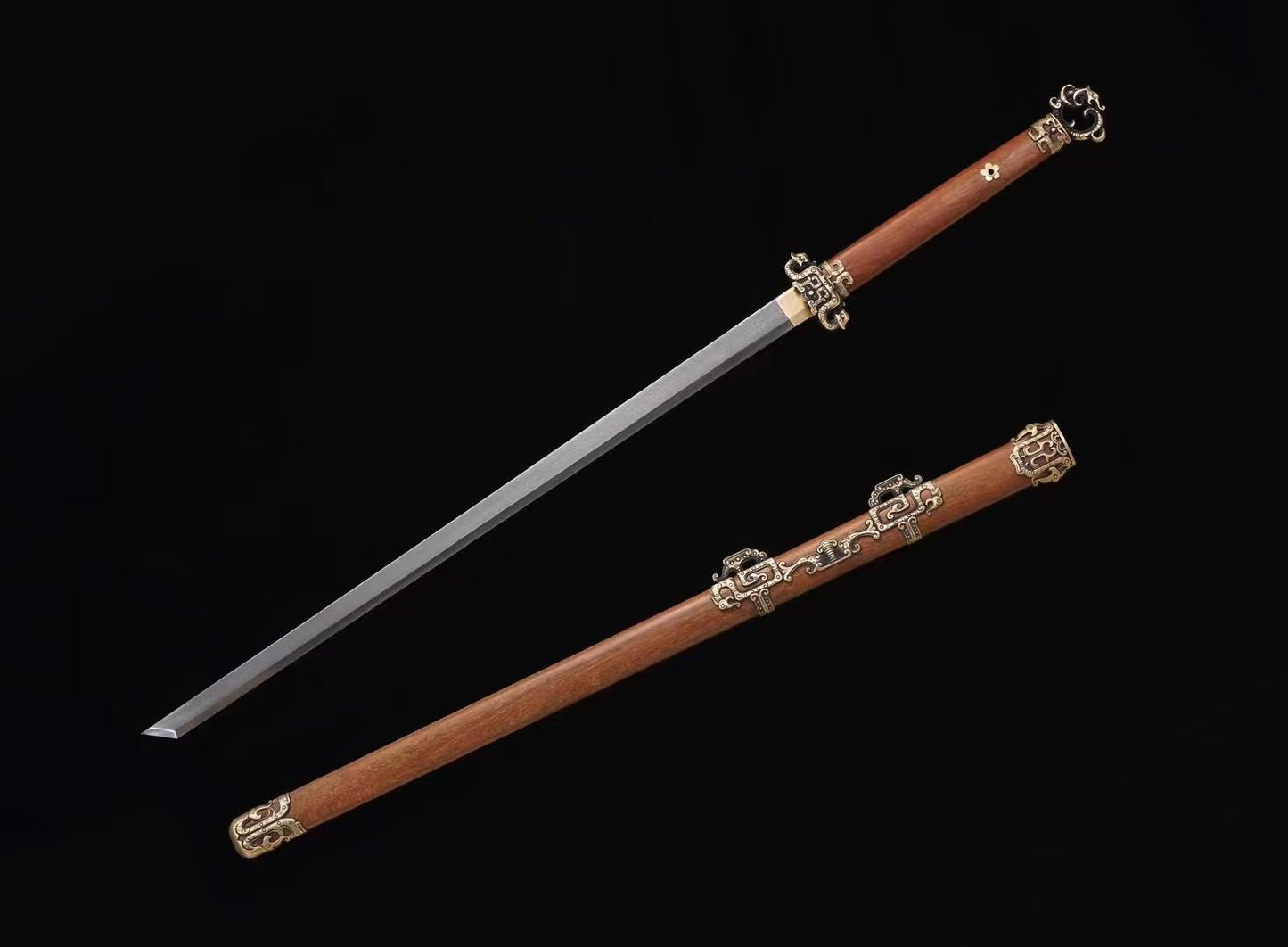 LOONGSWORD,Tang dao Swords-Handcrafted Damascus Steel Blade with Brass Fittings Rosewood Scabbard