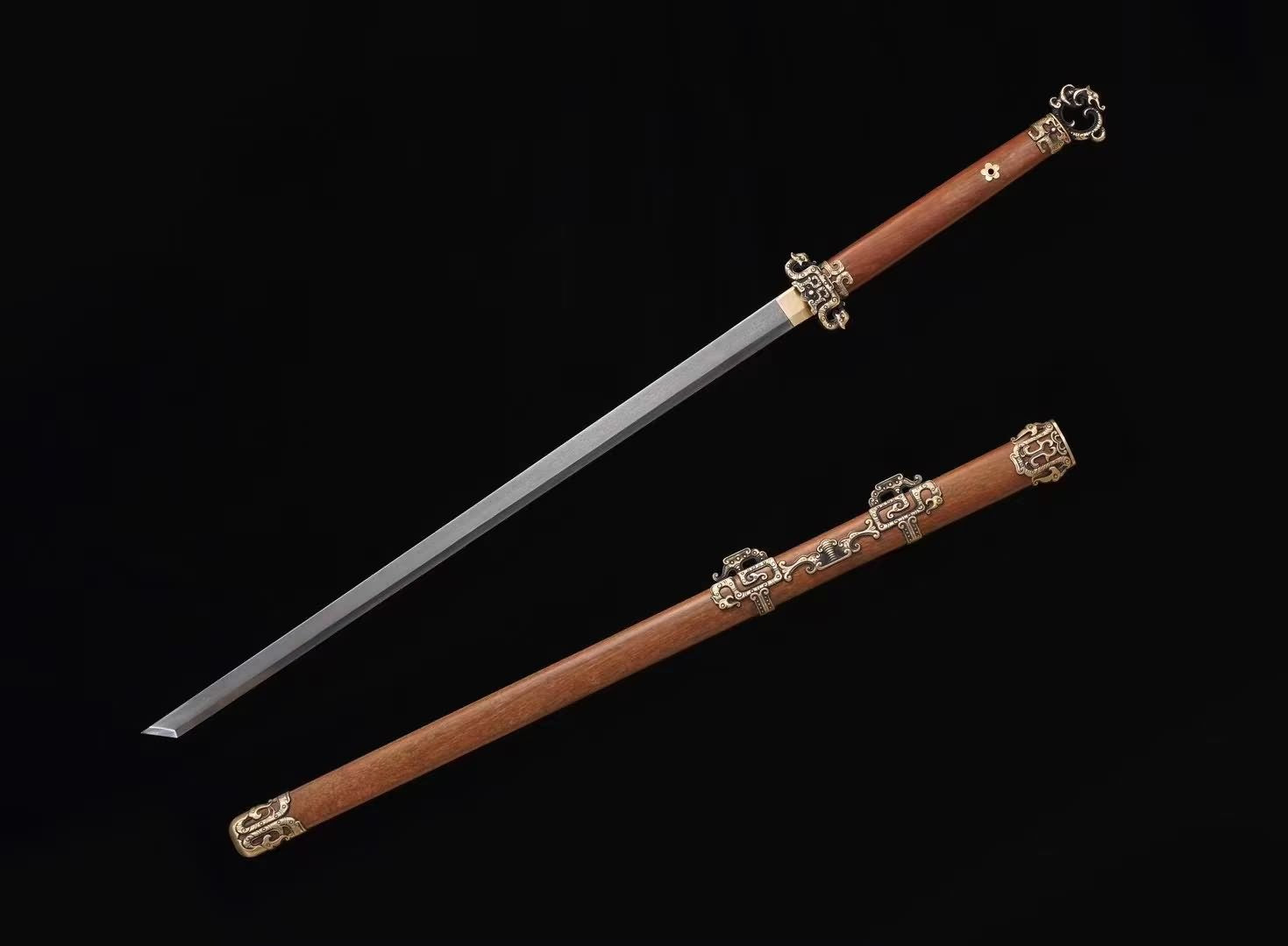 LOONGSWORD,Tang dao Swords-Handcrafted Damascus Steel Blade with Brass Fittings Rosewood Scabbard