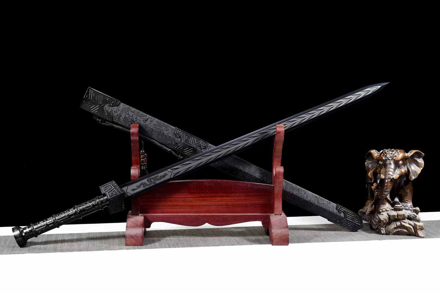 Black Qin Jian | Hand-Forged High Manganese Steel Chinese Sword with Blackened Blade & Leather-Wrapped Scabbard