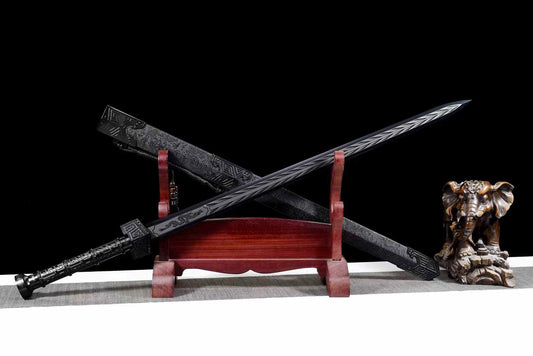 Black Qin Jian | Hand-Forged High Manganese Steel Chinese Sword with Blackened Blade & Leather-Wrapped Scabbard