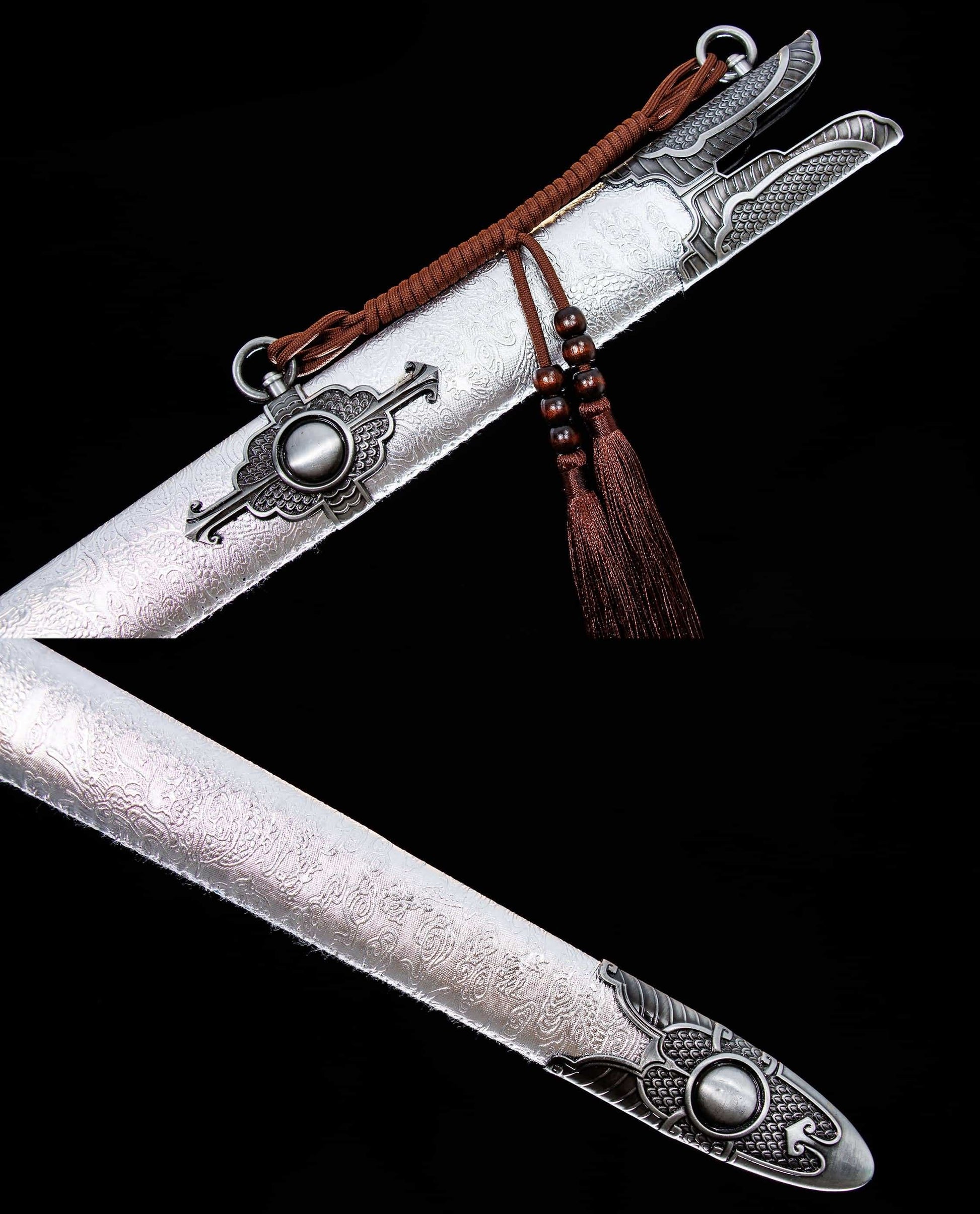 Double Dragon Jian | Hand-Forged High Manganese Steel Chinese Sword with Alloy Fittings & Silver Scabbard