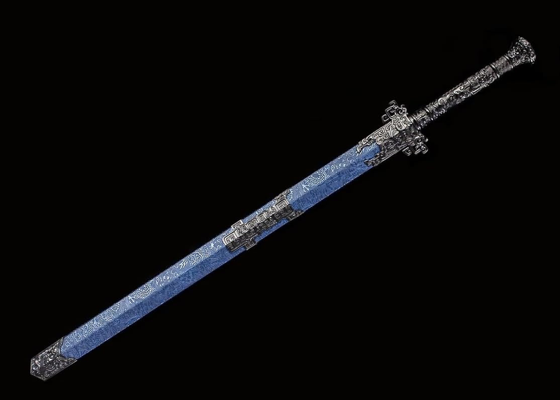 Golden Han Jian – Pattern Engraved Chinese Straight Sword with Blue Scabbard - Chinese Sword store