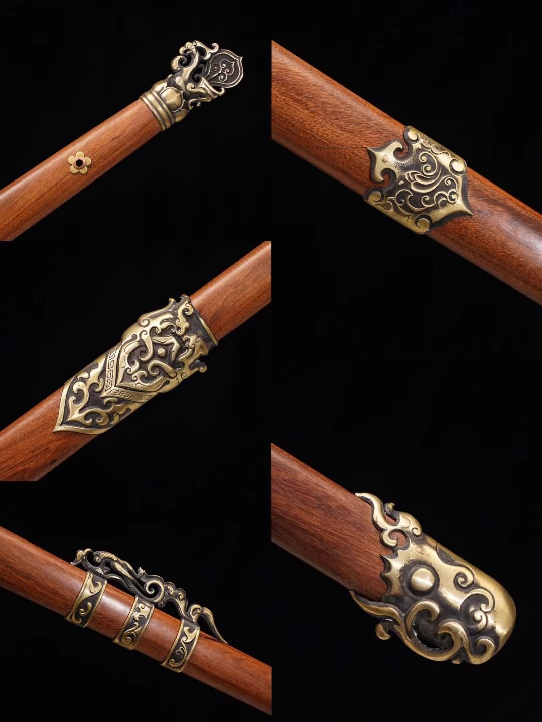 Rosefinch Tang dao Swords-Handcrafted Damascus Steel Blade with Brass Fittings Rosewood Scabbard