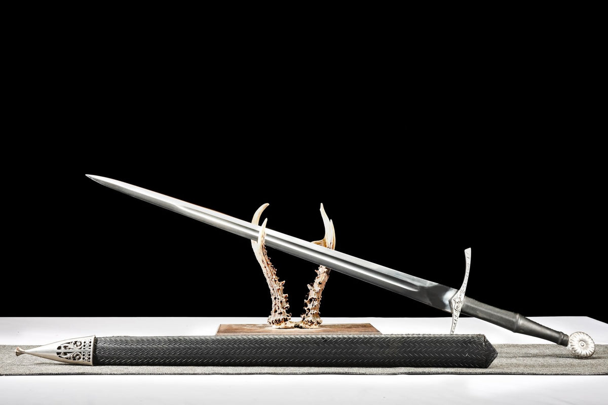 European hand-and-a-half sword displayed with solid wood scabbard