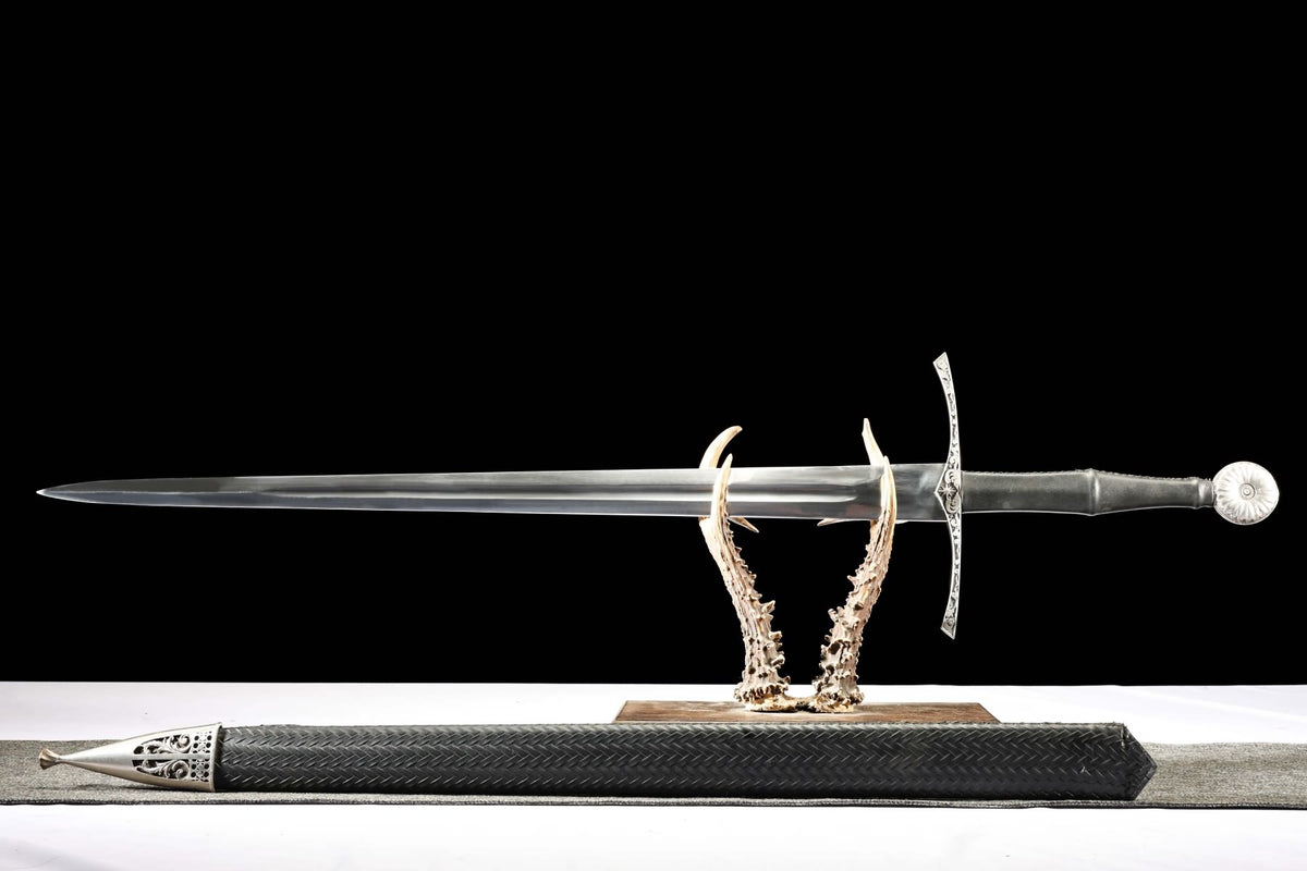 Full-length European hand-and-a-half sword with black wood scabbard
