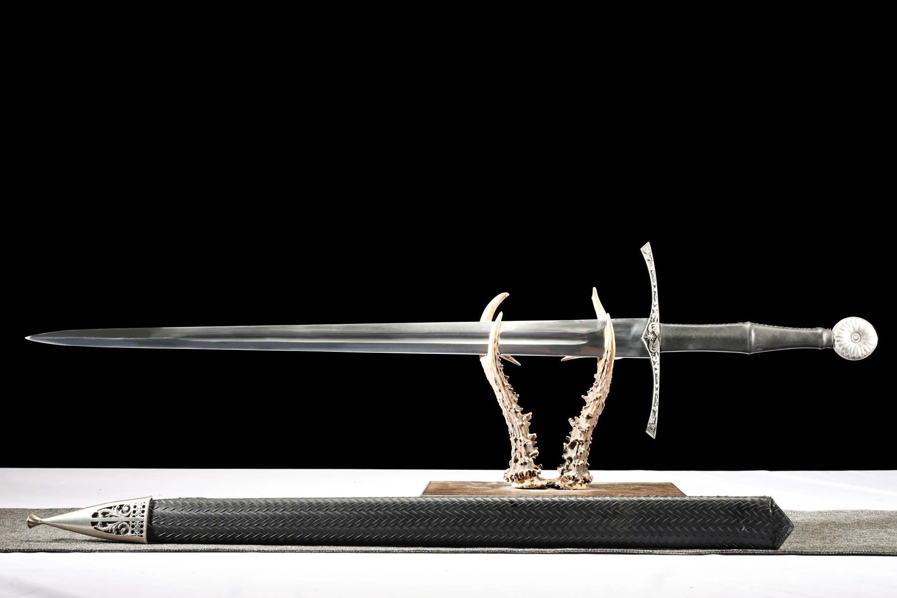 Full-length European hand-and-a-half sword with black wood scabbard