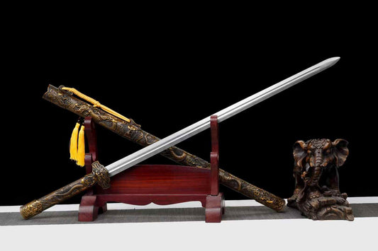 Yaolong Jian | Hand-Forged High Manganese Steel Chinese Sword with Alloy Dragon Relief Fittings & Scabbard