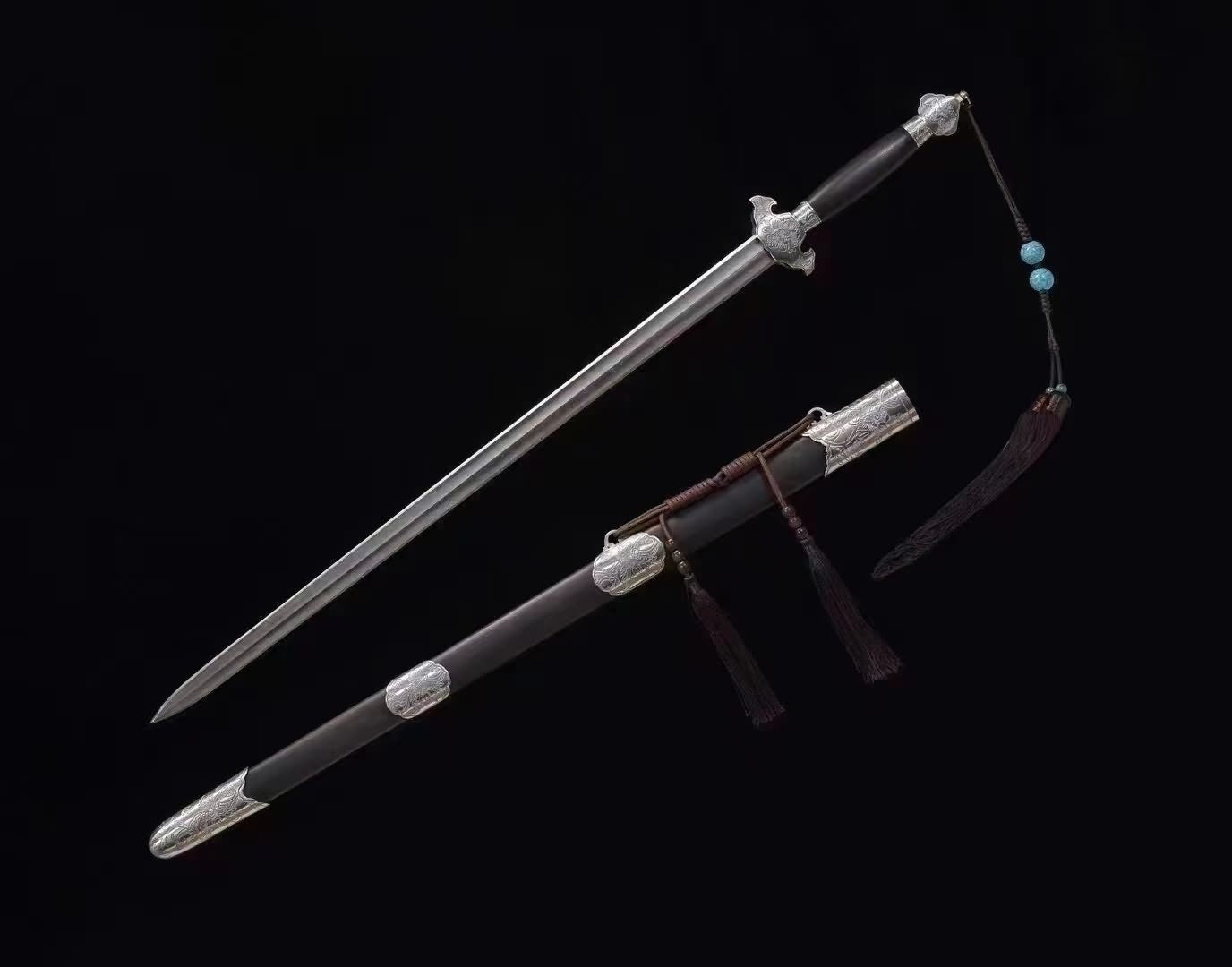 Peony Swords Real(Forged Damascus Steel Blade,Iron Fittings,Ebony Scabbard)