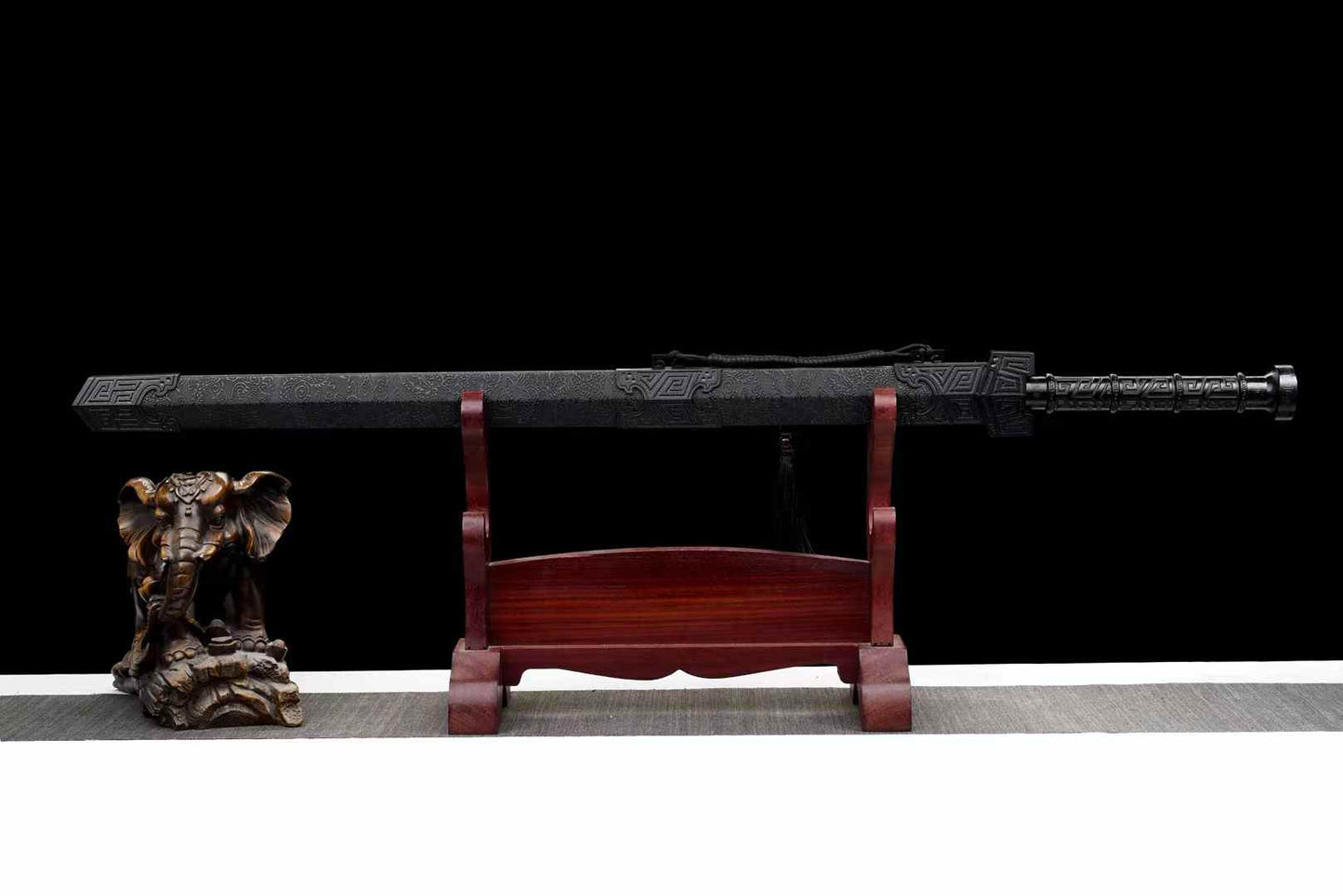 Black Qin Jian | Hand-Forged High Manganese Steel Chinese Sword with Blackened Blade & Leather-Wrapped Scabbard