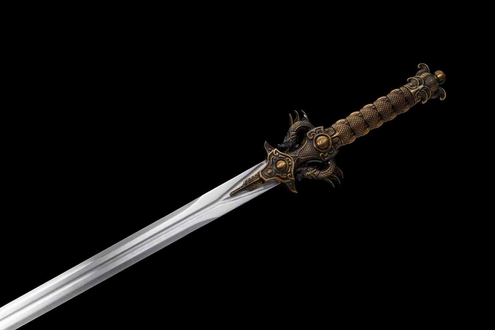 Double-Dragon Jian | Hand-Forged High Manganese Steel Chinese Sword with Dragon Relief Fittings & Black Scabbard