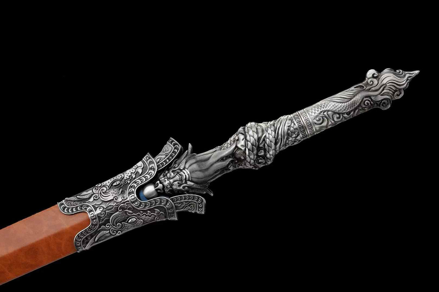 Panlong Jian – Dragon Handle Chinese Sword with Blue Blade & Wood Scabbard