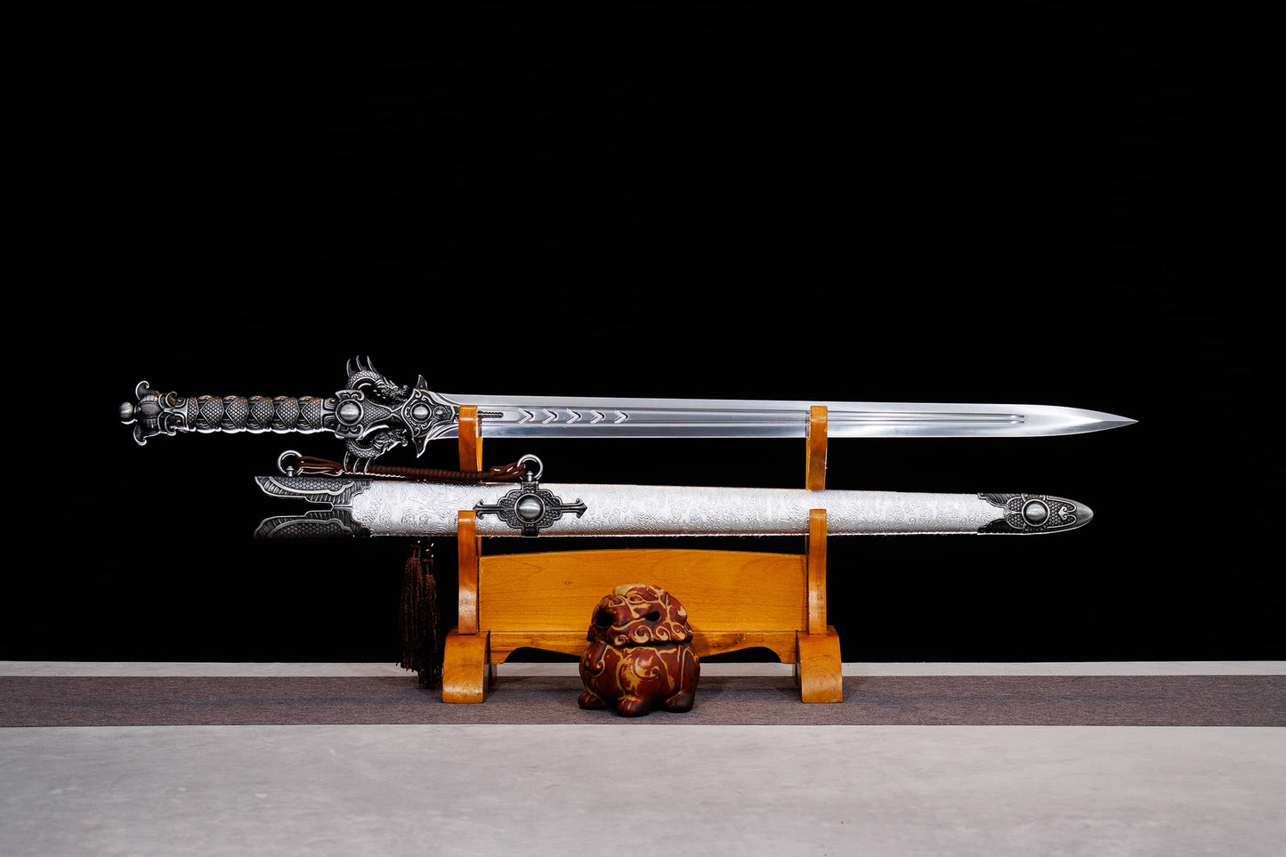Double Dragon Jian | Hand-Forged High Manganese Steel Chinese Sword with Alloy Fittings & Silver Scabbard