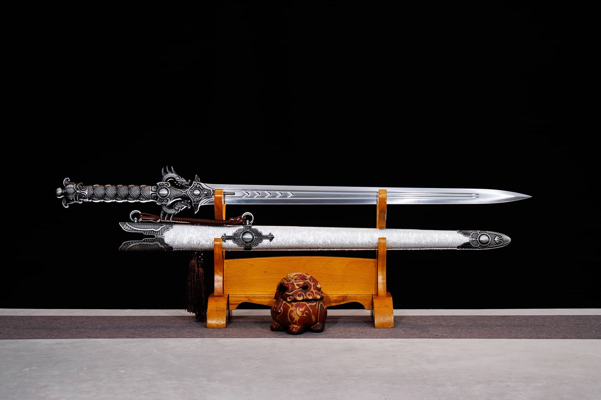 Double Dragon Jian | Hand-Forged High Manganese Steel Chinese Sword with Alloy Fittings & Silver Scabbard