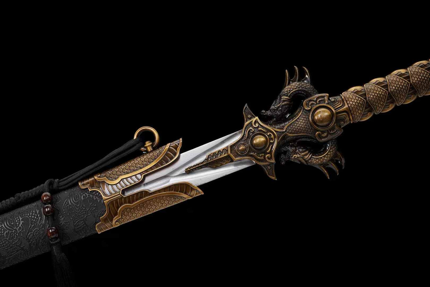 Double-Dragon Jian | Hand-Forged High Manganese Steel Chinese Sword with Dragon Relief Fittings & Black Scabbard