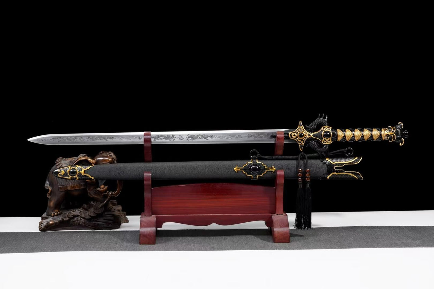 Double-Dragon Jian | Hand-Forged High Manganese Steel Chinese Sword with Dragon Engraving & Alloy Fittings