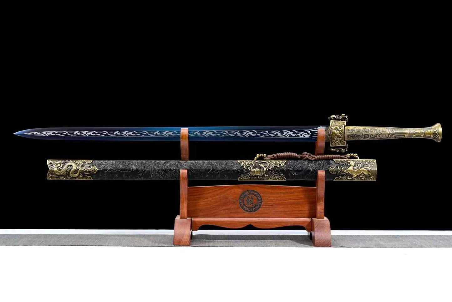 Four Symbols Han Jian | High Carbon Steel Chinese Sword with Blue-Etched Blade & PU Leather Scabbard