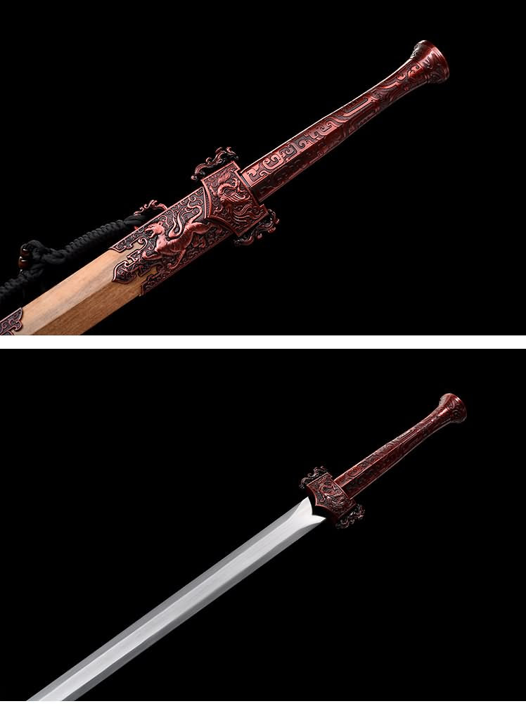 Four Beasts Han Jian red antique copper-tone handle shown sheathed and unsheathed