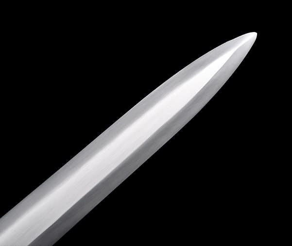 Close-up of Four Beasts Han Jian polished straight blade and pointed tip