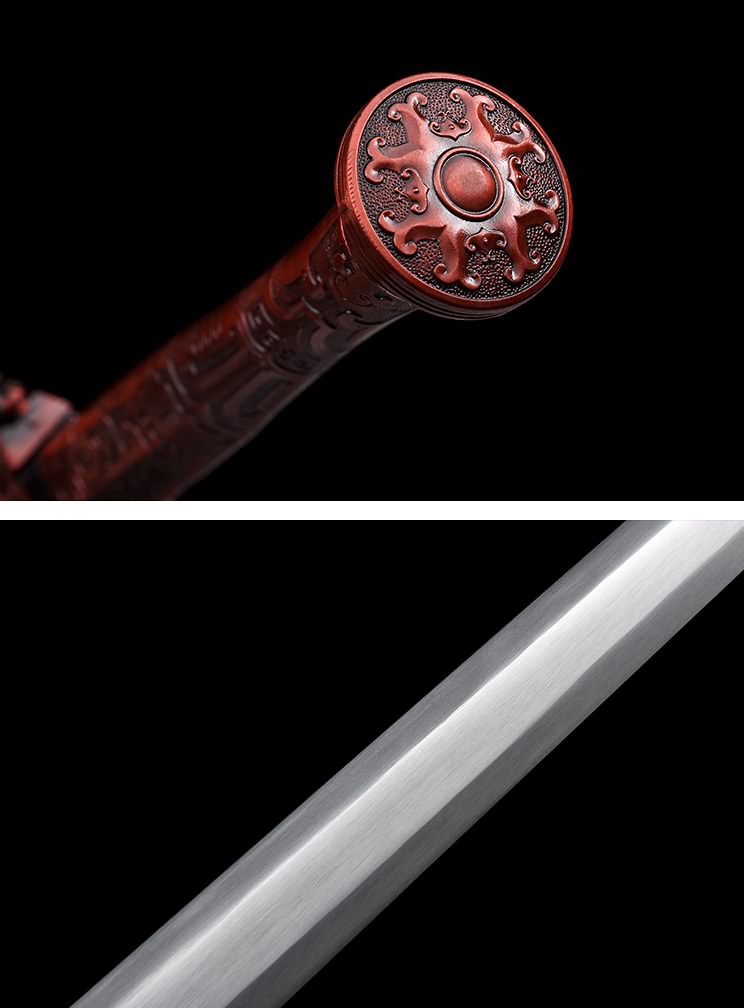 Four Beasts Han Jian round pommel and faceted blade in two close-up views