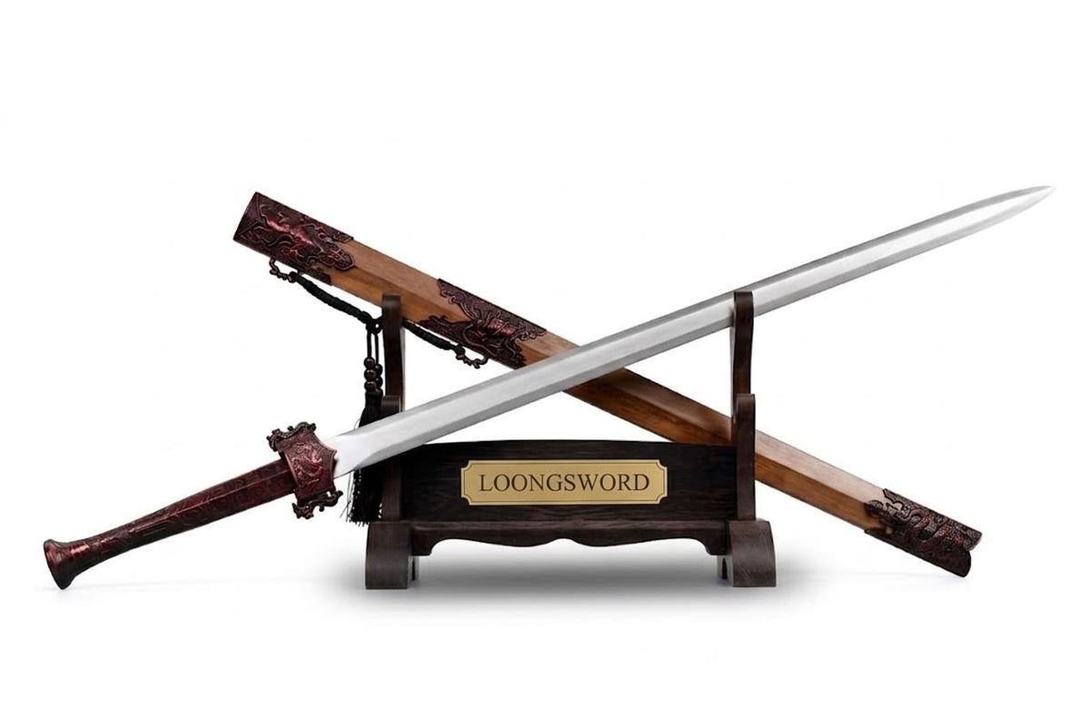 Four Beasts Han Jian and wooden scabbard on a display stand; stand not included