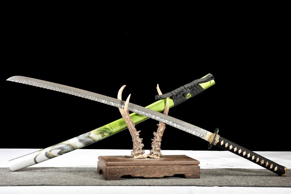 Green Dragon katana crossed over painted lacquered wood scabbard