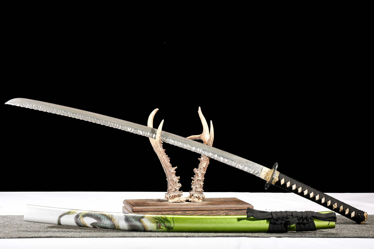 Green Dragon Damascus katana displayed diagonally with matching scabbard