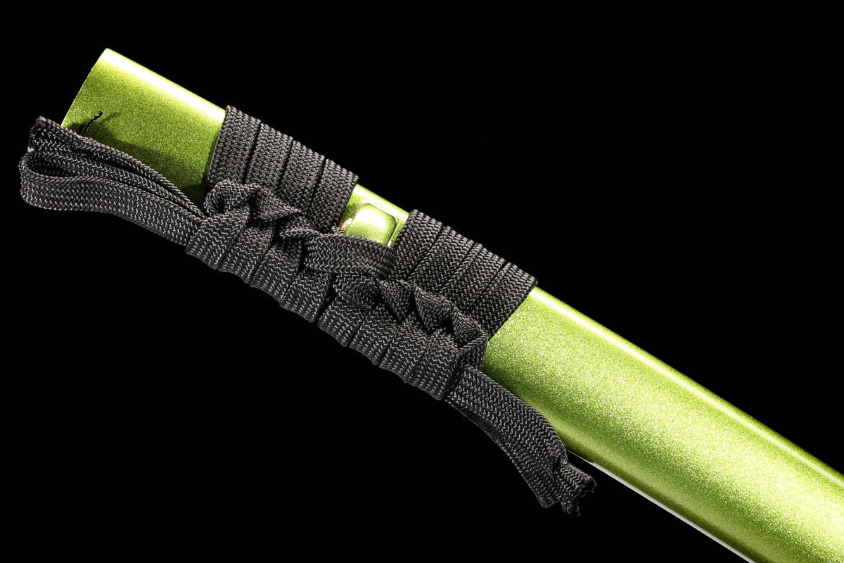 Black sageo tied around green lacquered katana scabbard