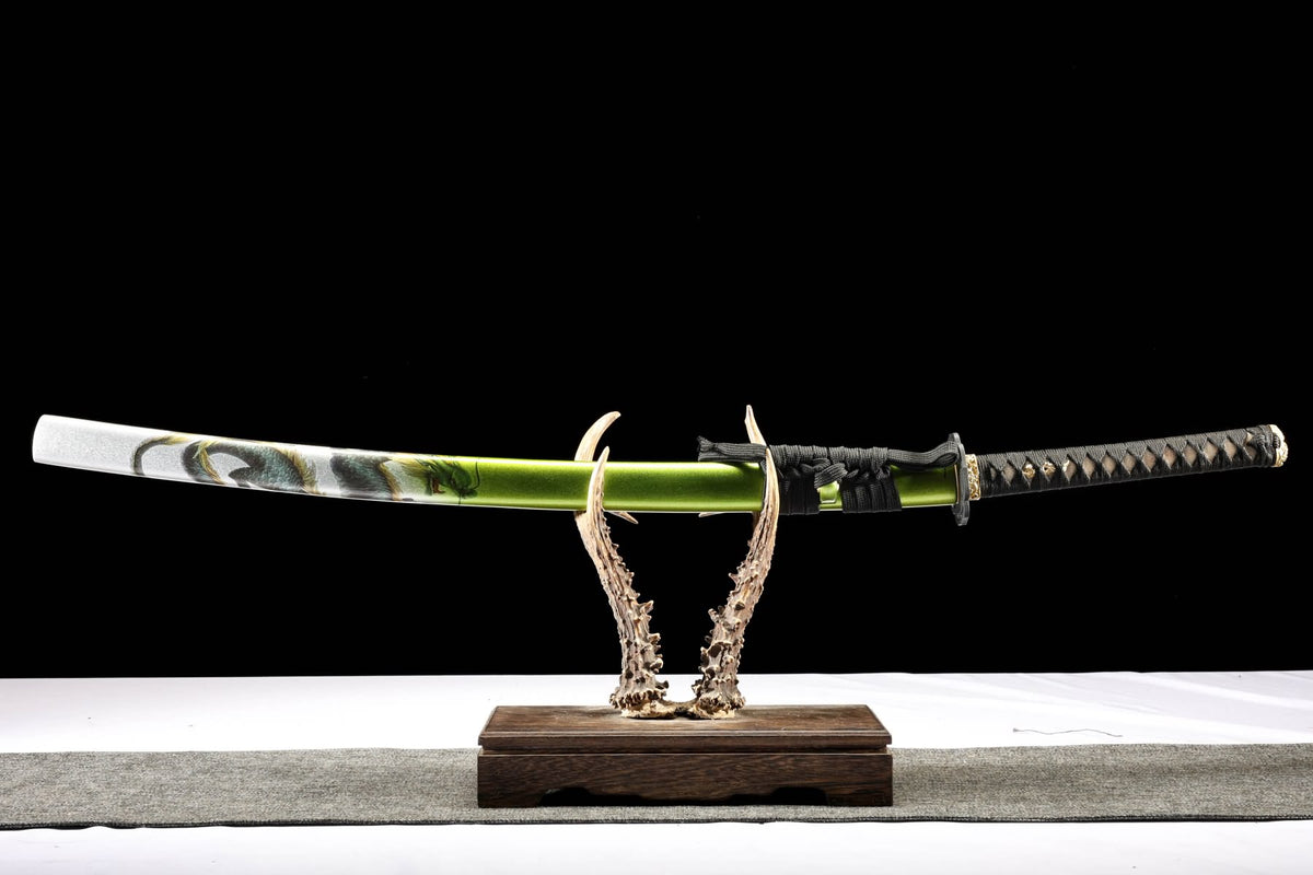 Green Dragon katana fully sheathed in green lacquered scabbard