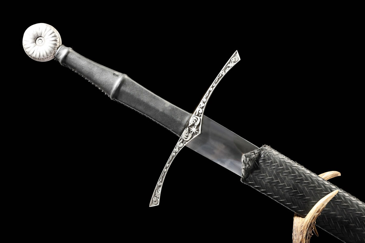European hand-and-a-half sword engraved stainless crossguard detail