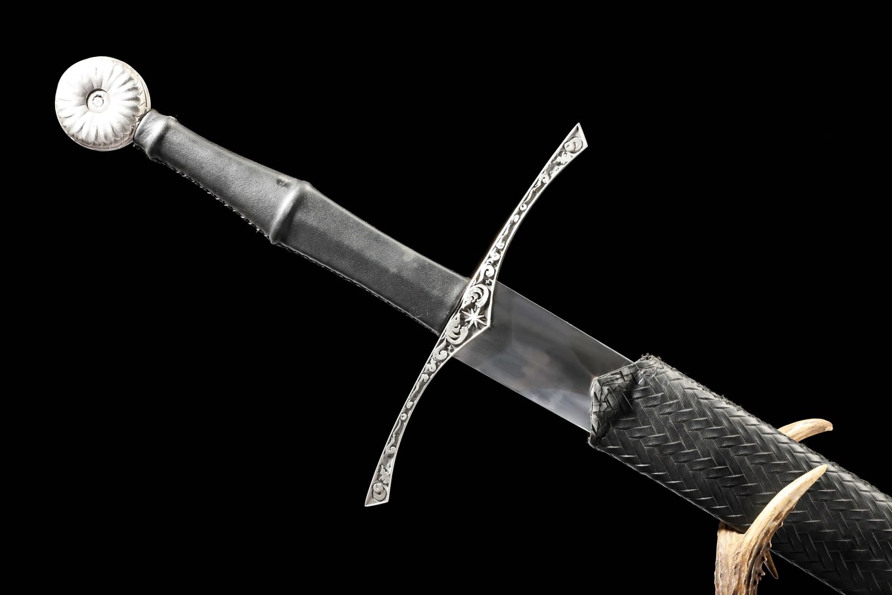 European hand-and-a-half sword engraved stainless crossguard detail
