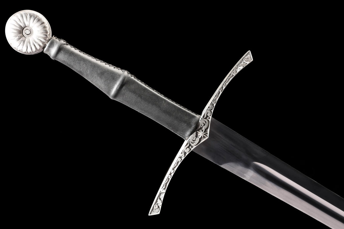 Hand-and-a-half sword leather grip and stainless crossguard detail