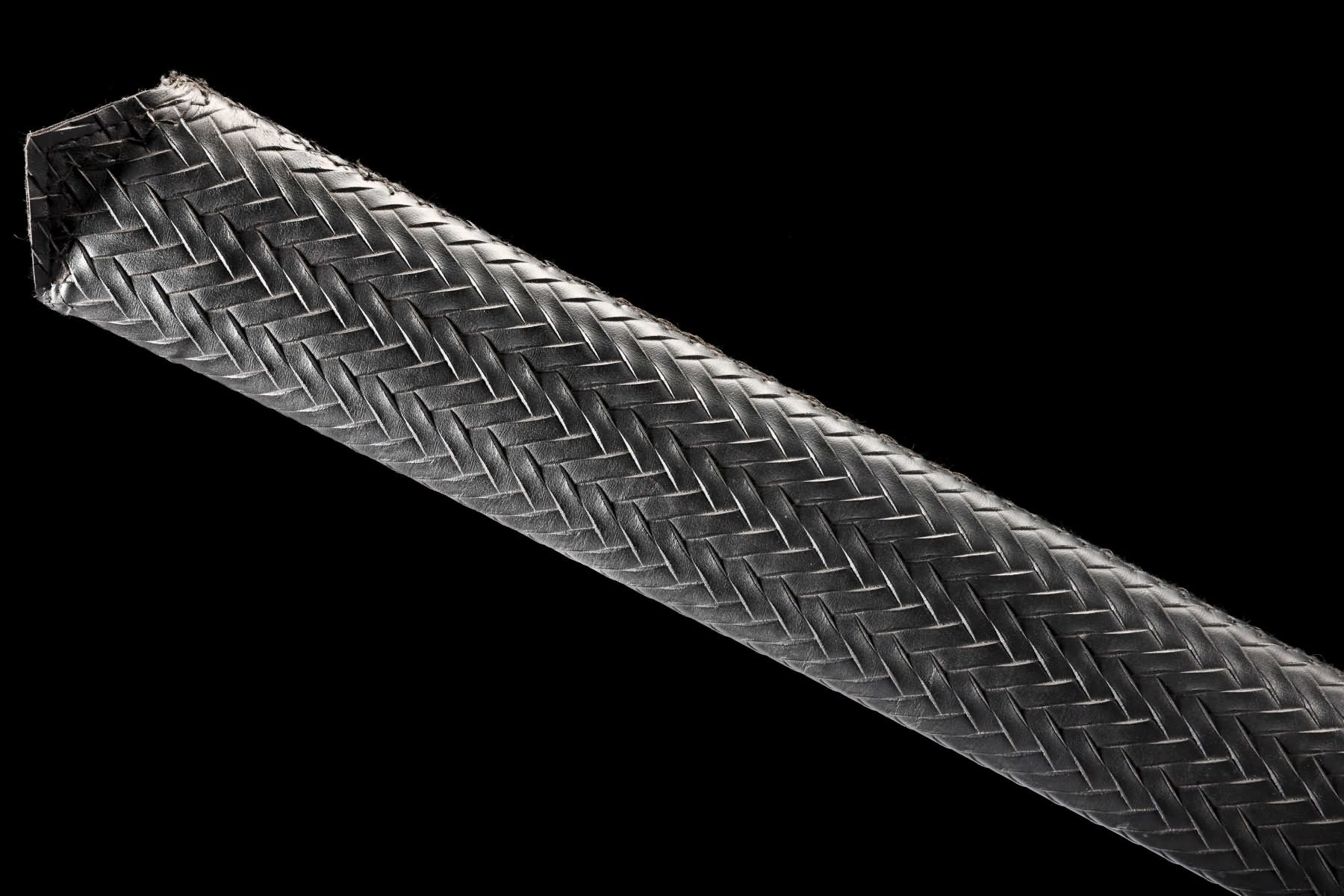 European hand-and-a-half sword black textured scabbard close-up