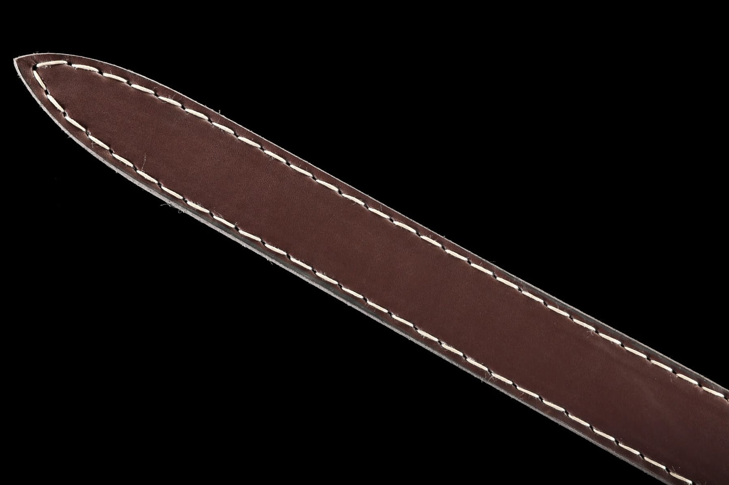 Hand-stitched brown leather sword sheath tip detail