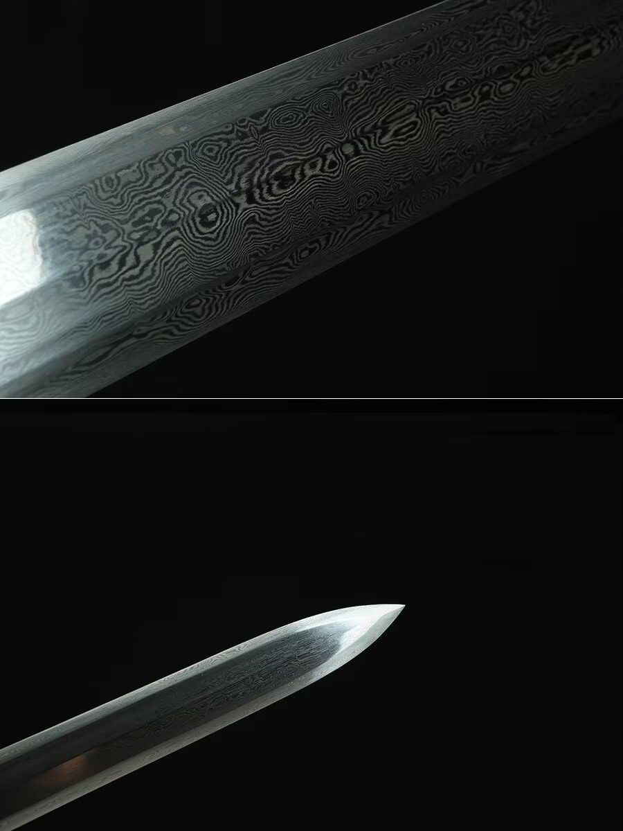 Detail collage of the Hanwang Jian steel pattern and tapered blade tip