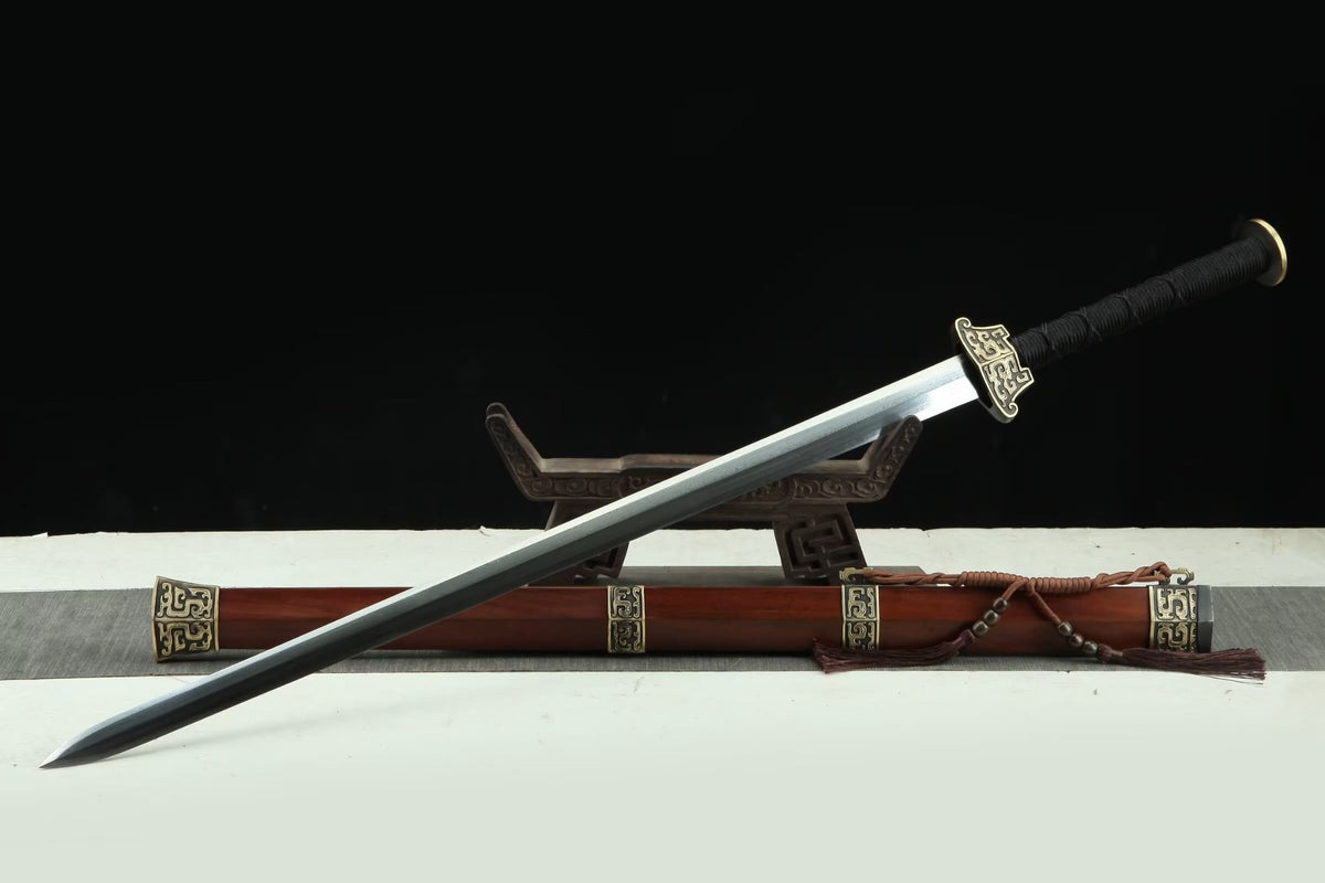 Hanwang Jian with a straight patterned steel blade, black cord-wrapped handle and wooden scabbard with brass fittings; display stand not included