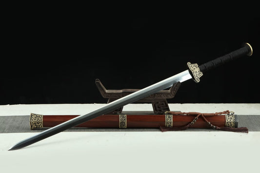 Hanwang Jian with a straight patterned steel blade, black cord-wrapped handle and wooden scabbard with brass fittings; display stand not included
