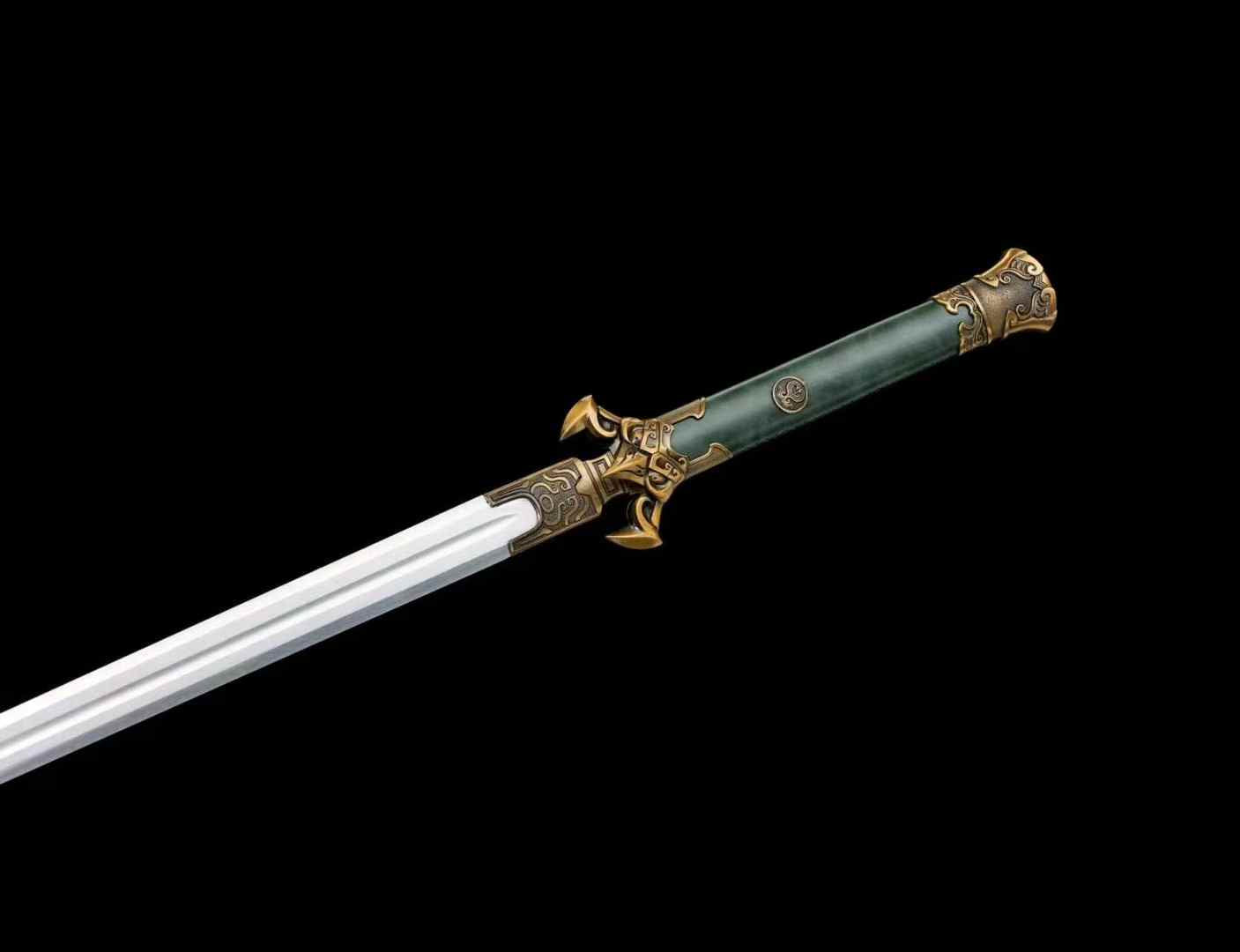 Huashan Jian alloy guard and dark green scabbard detail