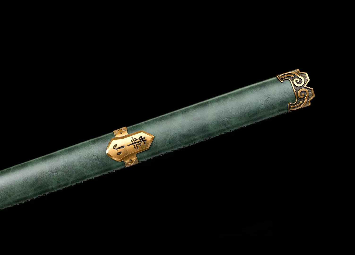 Huashan Jian nameplate on dark green faux leather scabbard