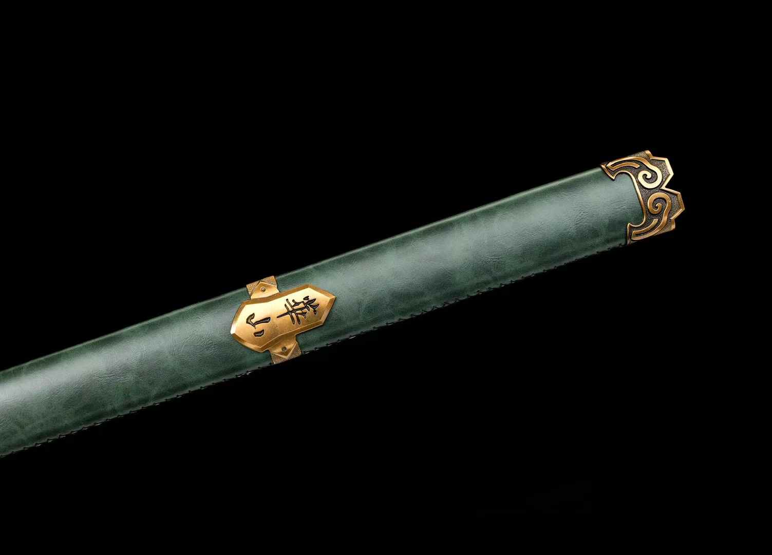 Huashan Jian nameplate on dark green faux leather scabbard