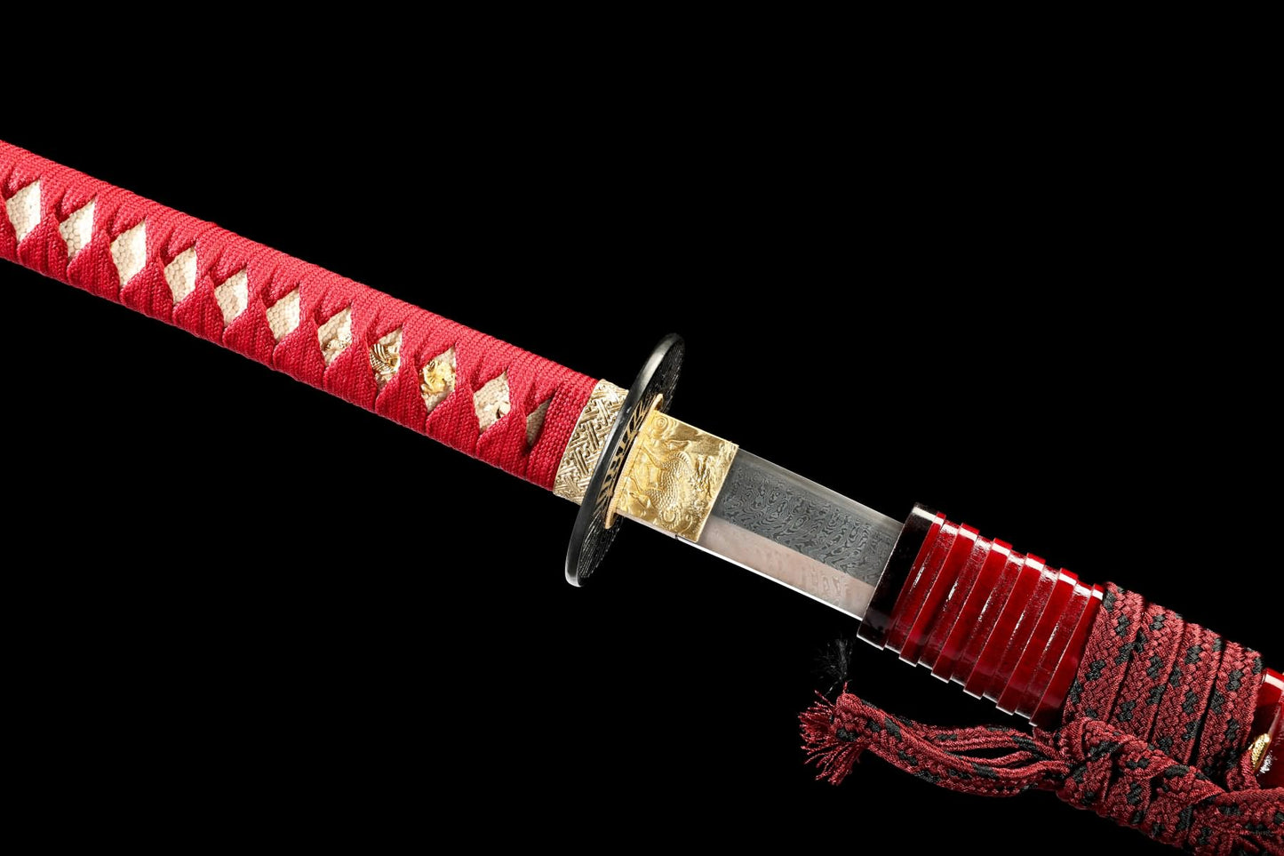 Katana hilt and red lacquer saya throat detail